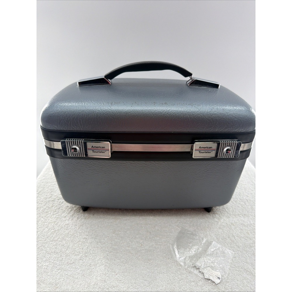 Vintage Blue Gray American Tourister Train Case Key & Tray Nice Clean Luggage